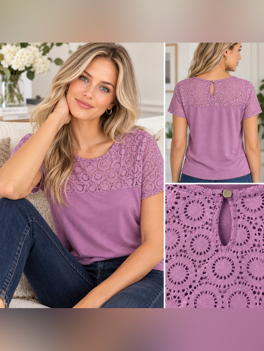 Ann Taylor Purple Lace Yoke Short Sleeve Top S